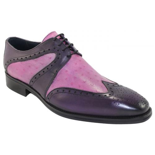 Duca Di Matiste 1702 Purple Genuine Italian Calfskin / Violet Ostrich Print Dress Shoes.